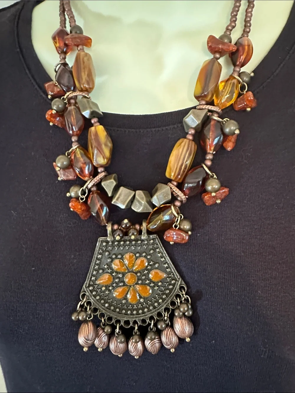 Bohemian Orange & Antique Brass Statement Pendant Necklace